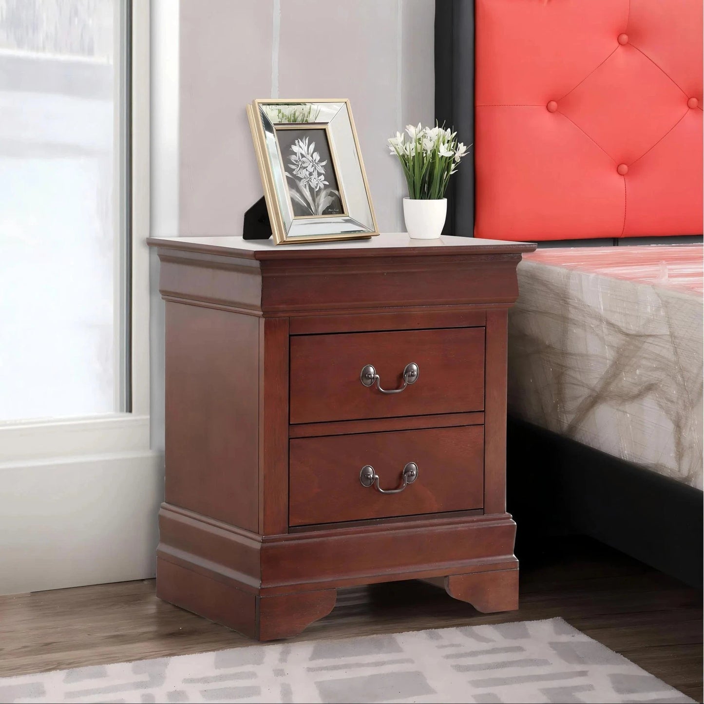 Elegant Traditional Cherry Nightstand, Two Drawers & Rich Wood Finish