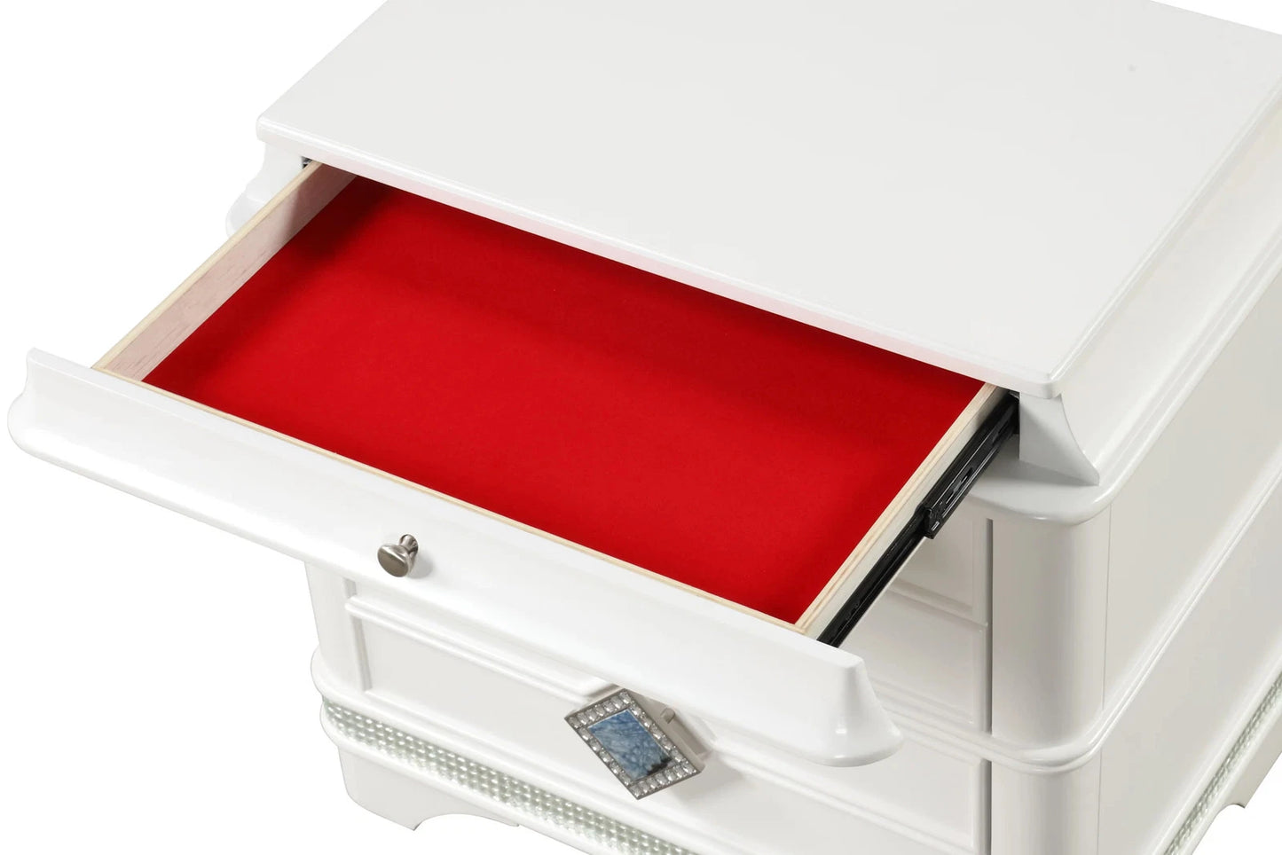 Laguna Modern White Nightstand | 2 Drawers, Hidden Jewelry, Crystal