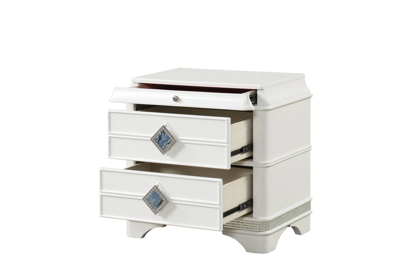 Laguna Modern White Nightstand | 2 Drawers, Hidden Jewelry, Crystal