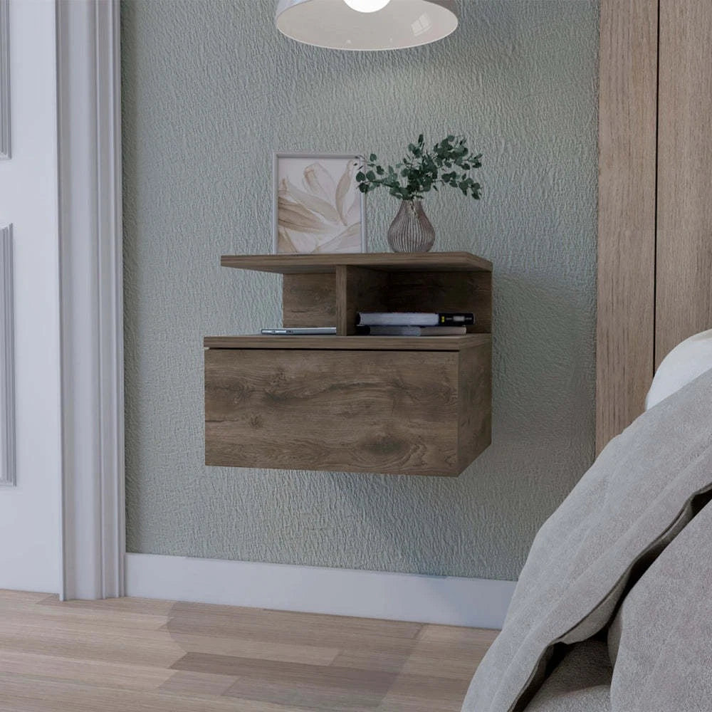 Dark Walnut Floating Nightstand: Space-Saving 2-Tier Wall Shelf