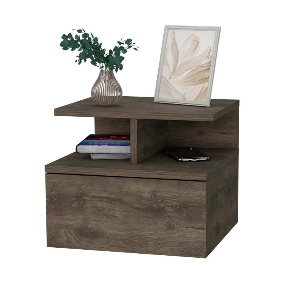 Dark Walnut Floating Nightstand: Space-Saving 2-Tier Wall Shelf