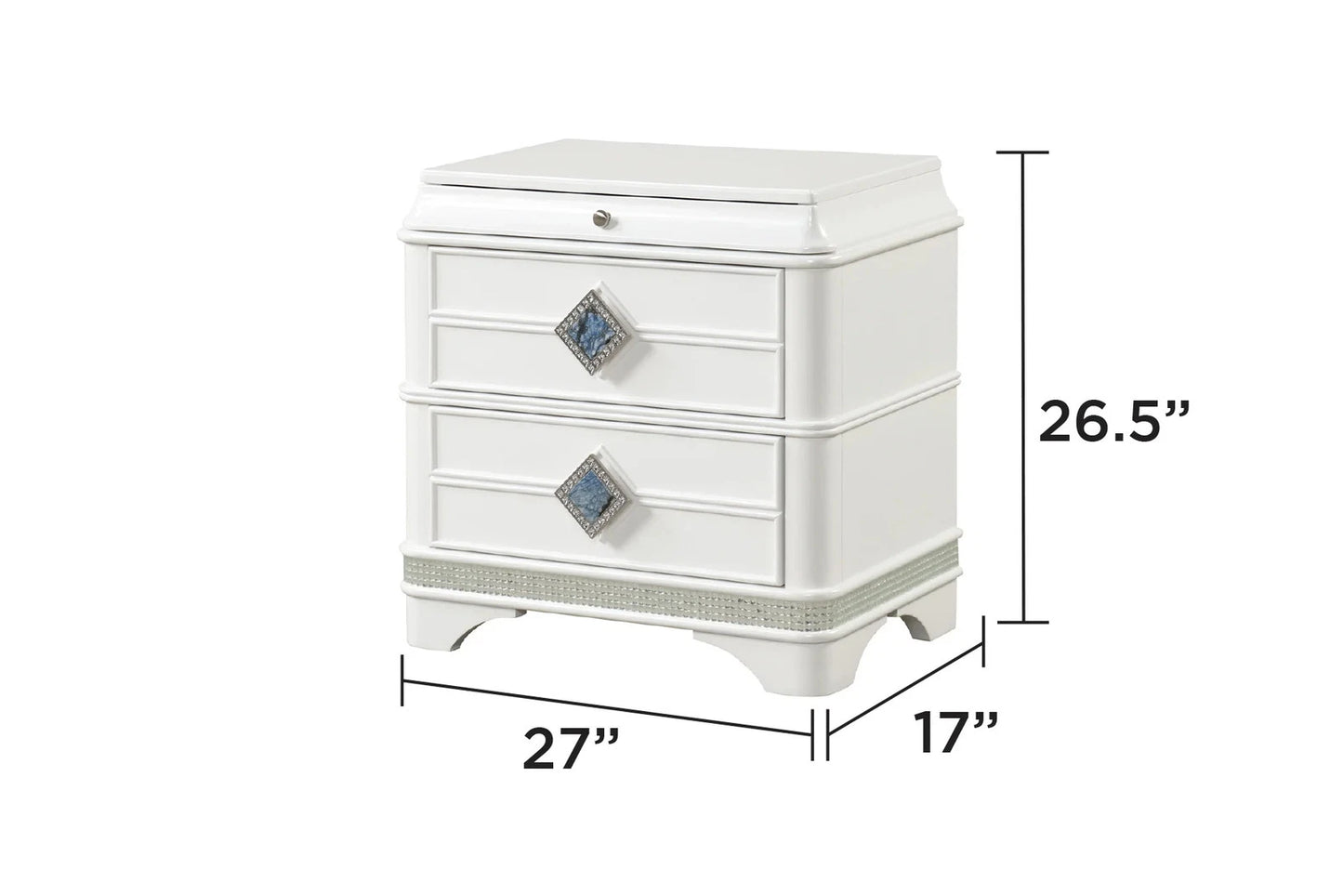 Laguna Modern White Nightstand | 2 Drawers, Hidden Jewelry, Crystal