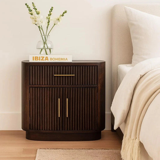 Solid Wood Milan Brown Bedside Table: 2-Doors, 1-Drawer Storage