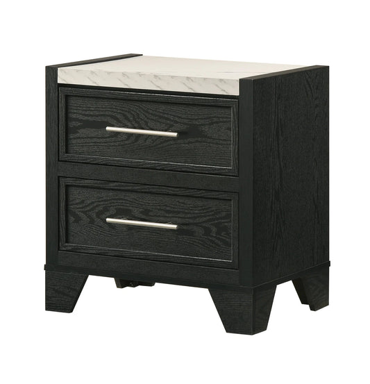 Modern White Faux Marble Nightstand, 2 Drawers, Black - Bedroom