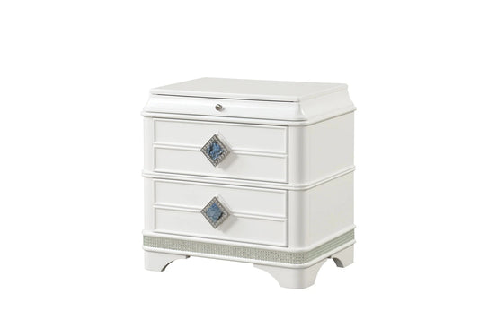 Laguna Modern White Nightstand | 2 Drawers, Hidden Jewelry, Crystal